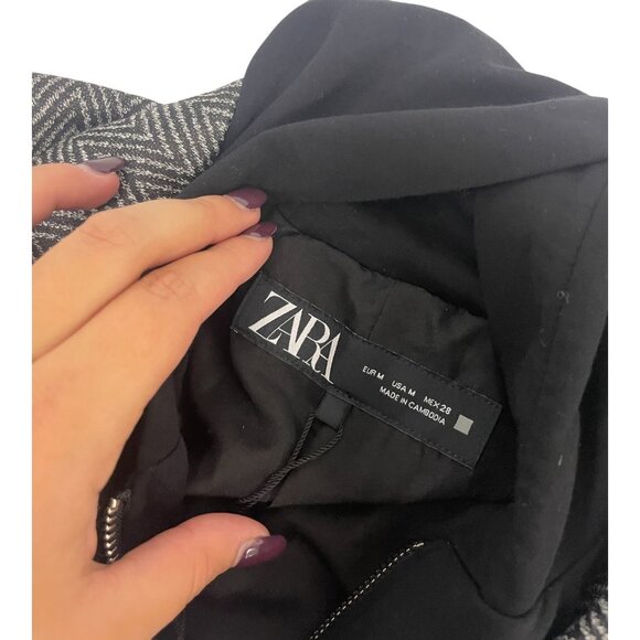 Zara Womens Herringbone Blazer Jacket Medium M Black Gray  Hooded 4387/368 NWT - Picture 4 of 16